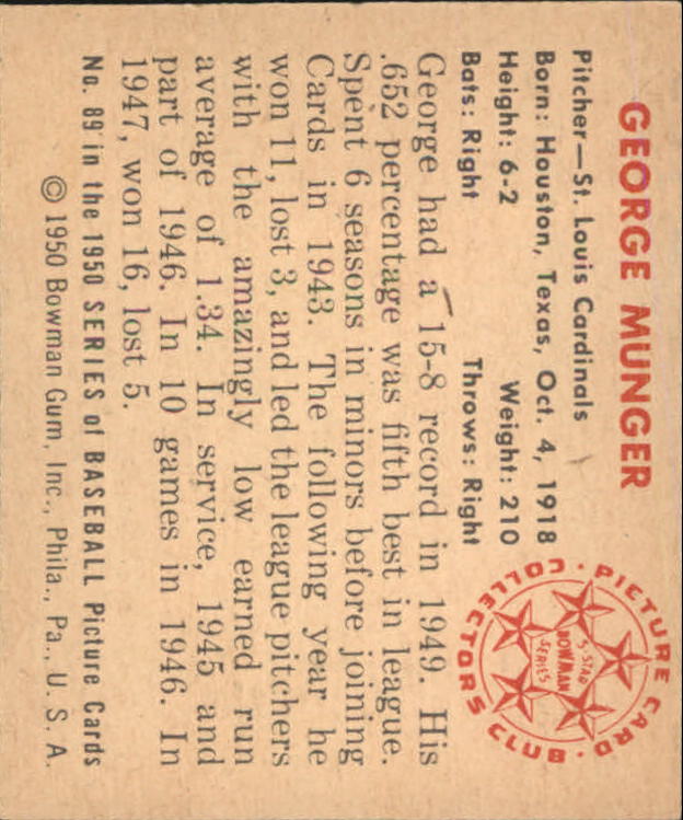 1950 Bowman #89 George Munger back image