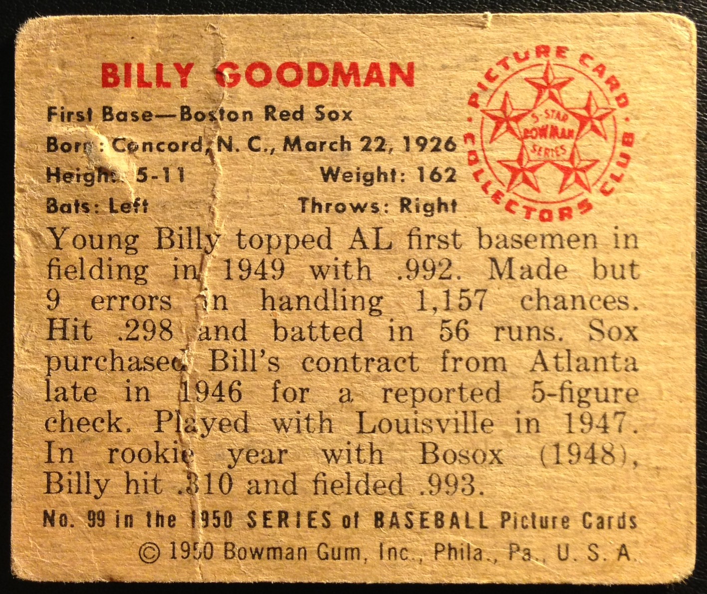 1950 Bowman #99 Billy Goodman back image