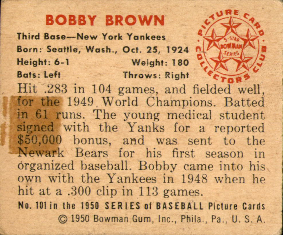 1950 Bowman #101 Bobby Brown back image