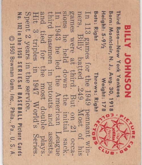 1950 Bowman #102 Billy Johnson back image