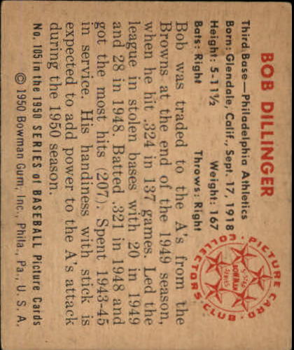 1950 Bowman #105 Bob Dillinger back image