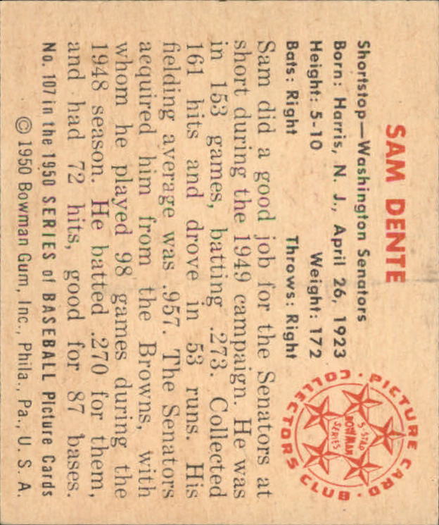 1950 Bowman #107 Sam Dente RC back image