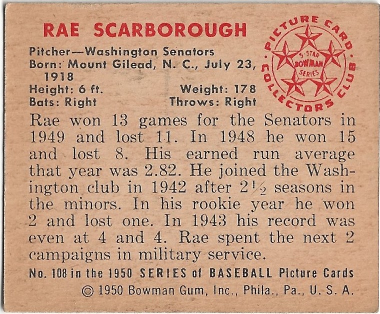 1950 Bowman #108 Ray Scarborough back image