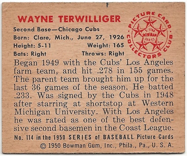 1950 Bowman #114 Wayne Terwilliger RC back image