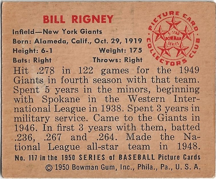 1950 Bowman #117 Bill Rigney back image