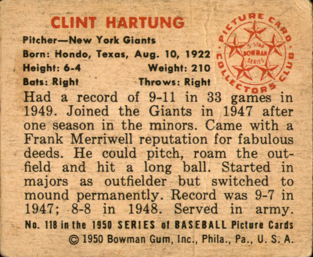 1950 Bowman #118 Clint Hartung back image
