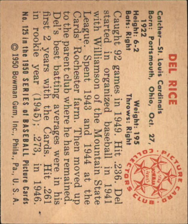1950 Bowman #125 Del Rice RC back image