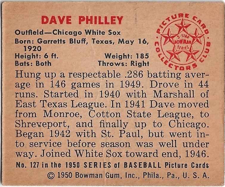1950 Bowman #127 Dave Philley back image