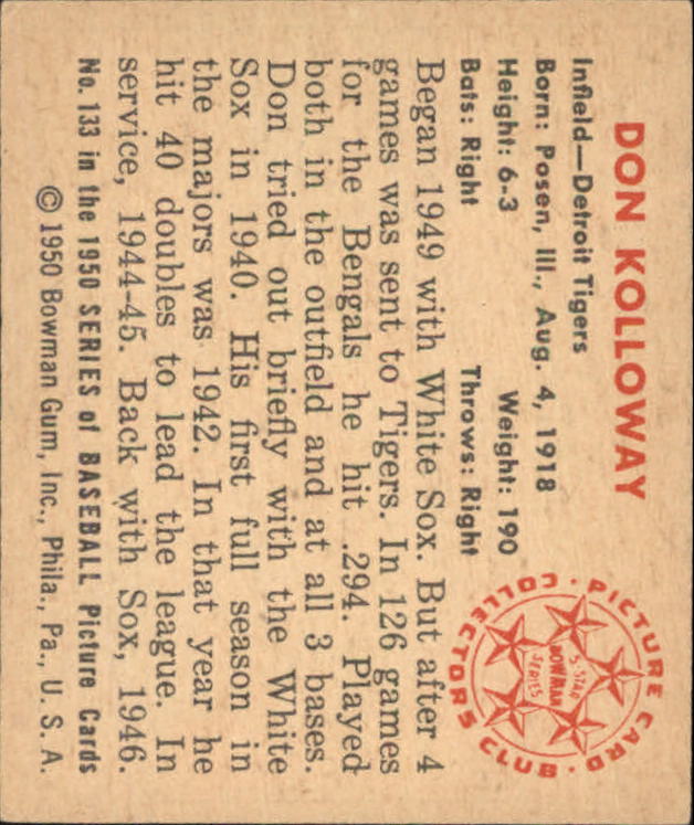 1950 Bowman #133 Don Kolloway back image