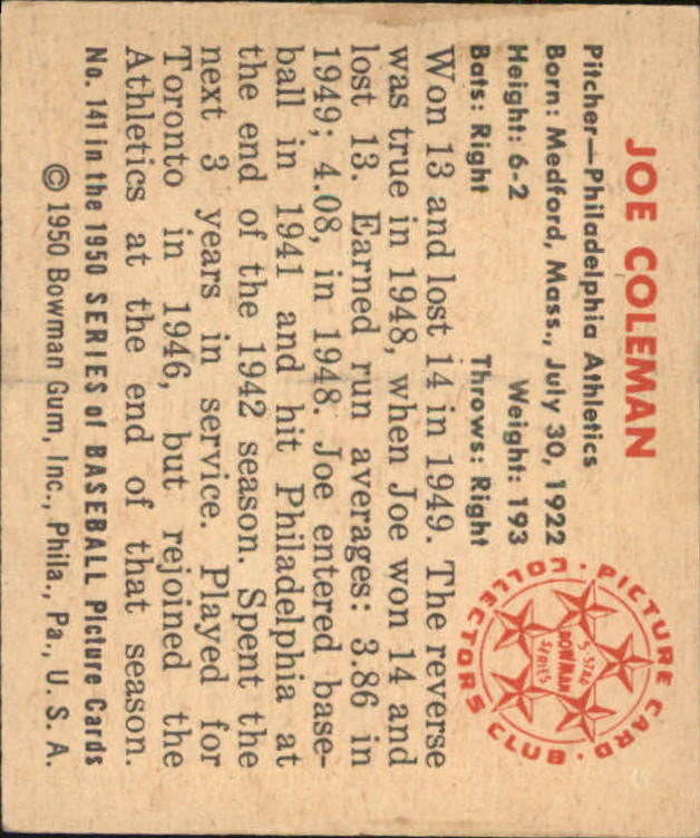 1950 Bowman #141 Joe Coleman RC
