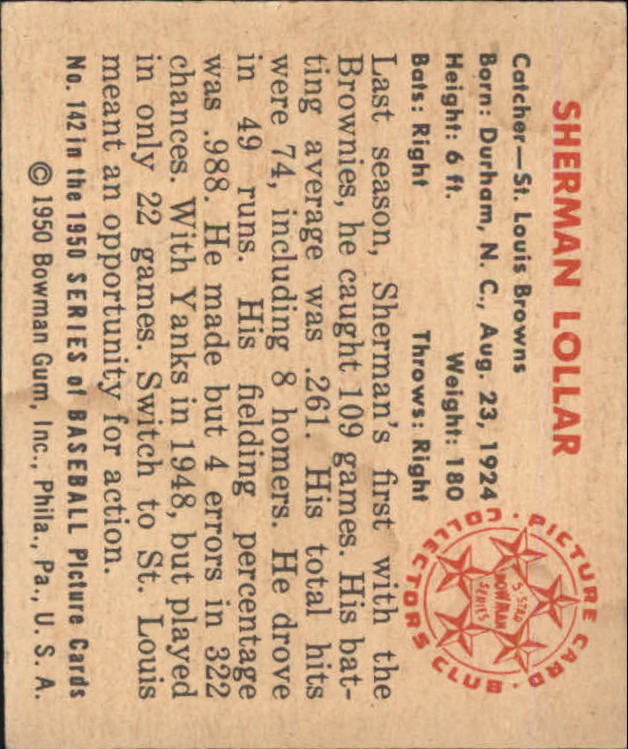 1950 Bowman #142 Sherman Lollar RC back image