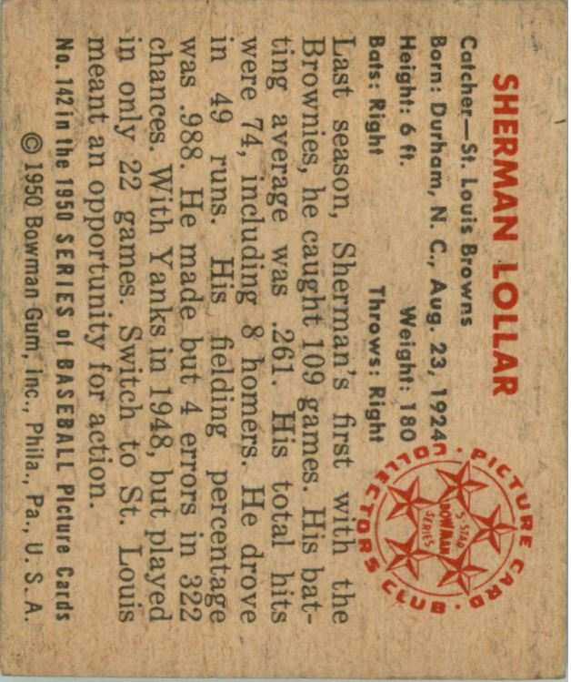 1950 Bowman #142 Sherman Lollar RC back image