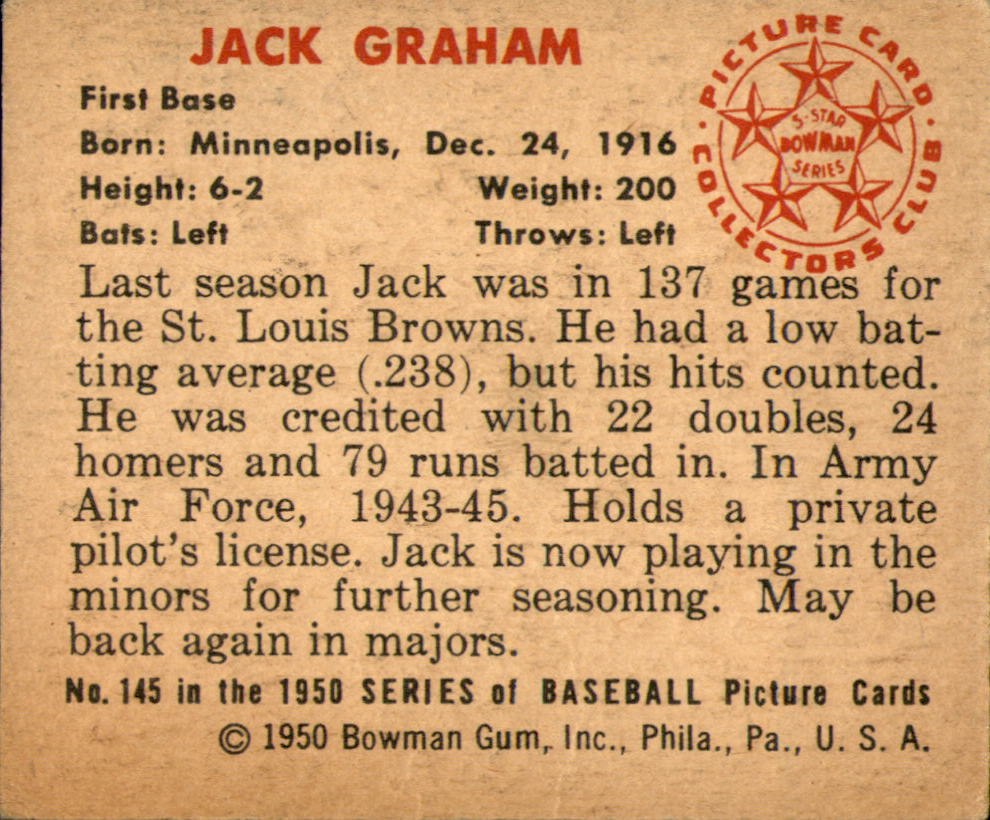 1950 Bowman #145 Jack Graham RC back image