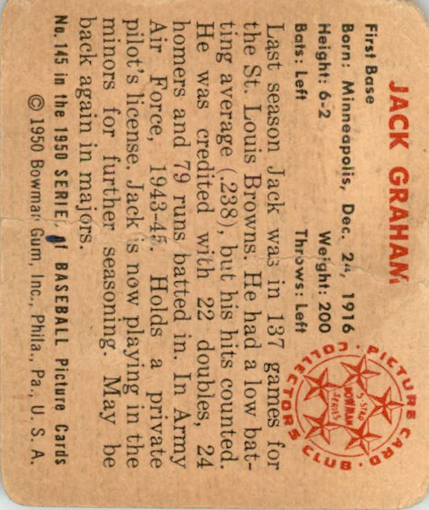 1950 Bowman #145 Jack Graham RC back image