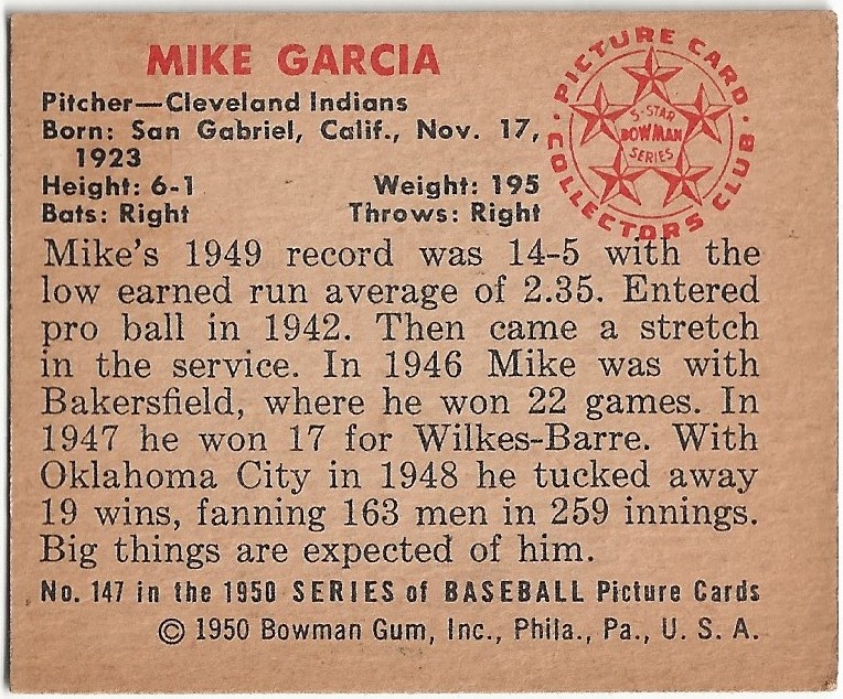 1950 Bowman #147 Mike Garcia RC back image