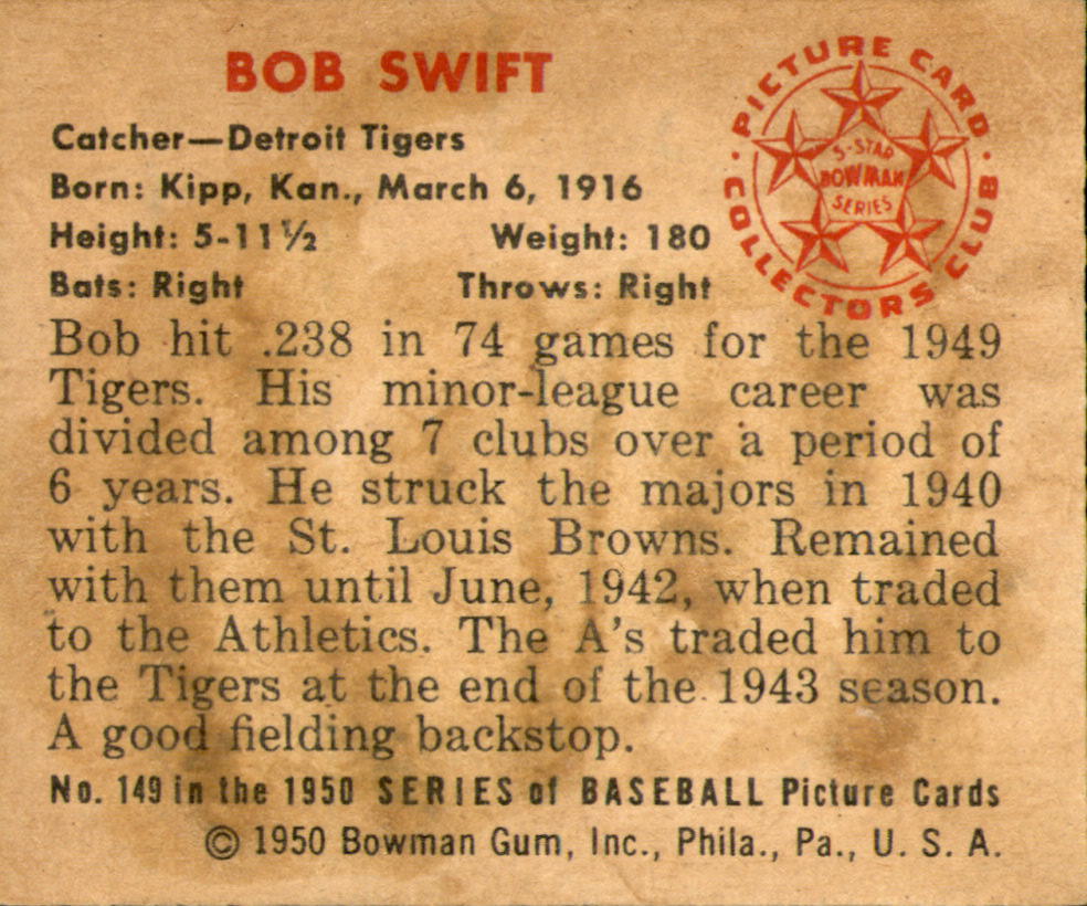 1950 Bowman #149 Bob Swift back image