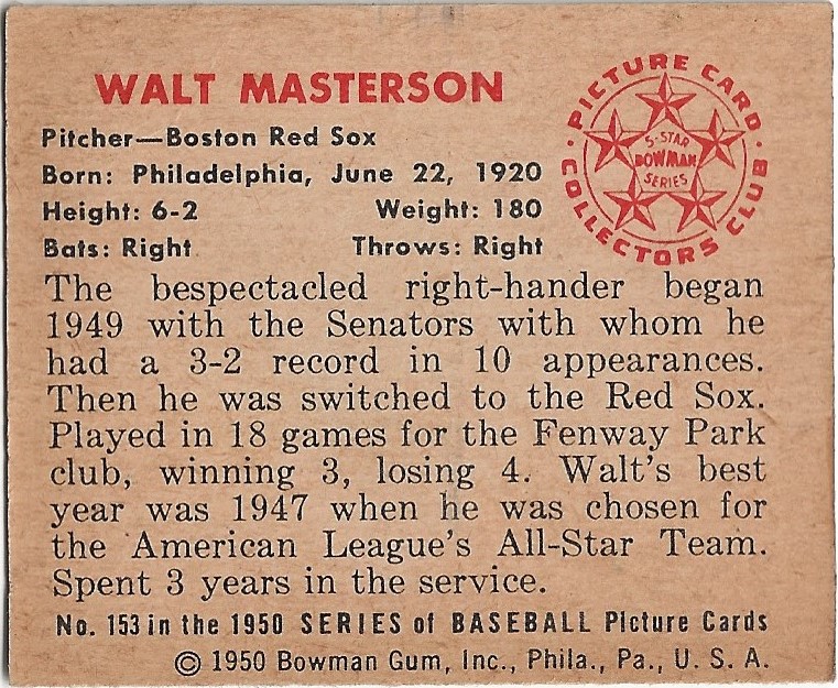 1950 Bowman #153 Walt Masterson back image