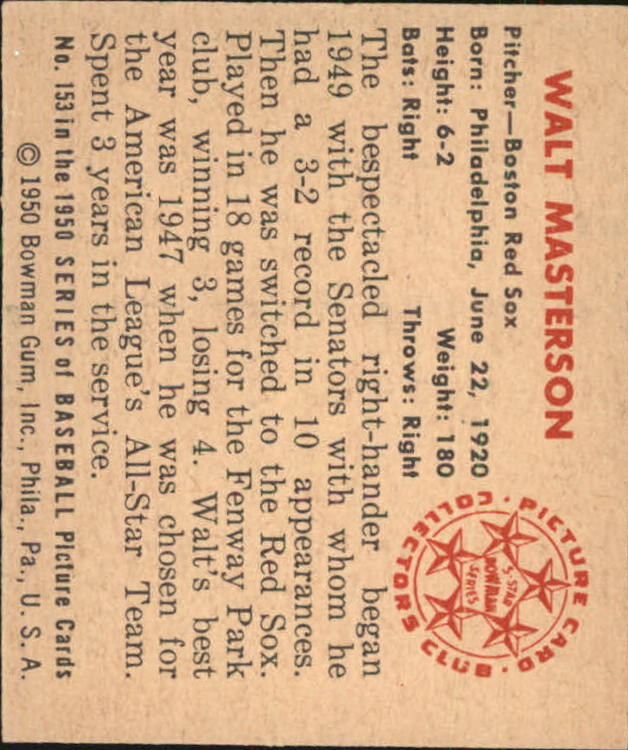 1950 Bowman #153 Walt Masterson back image