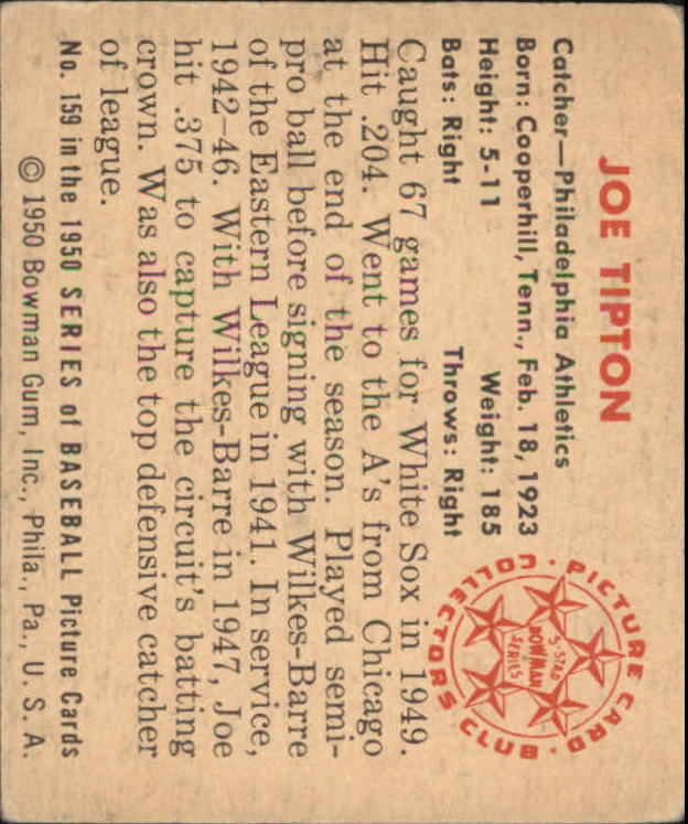 1950 Bowman #159 Joe Tipton back image