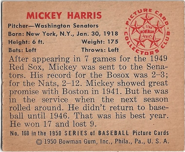 1950 Bowman #160 Mickey Harris back image
