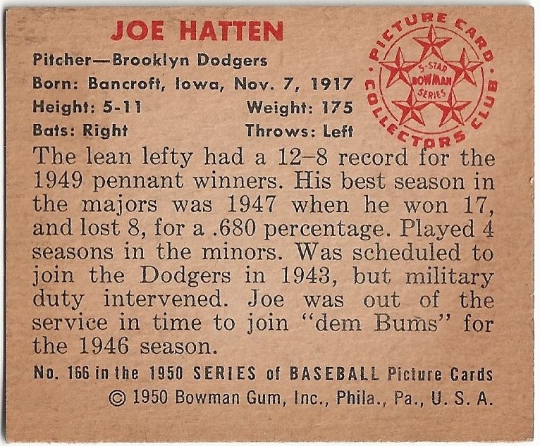 1950 Bowman #166 Joe Hatten back image