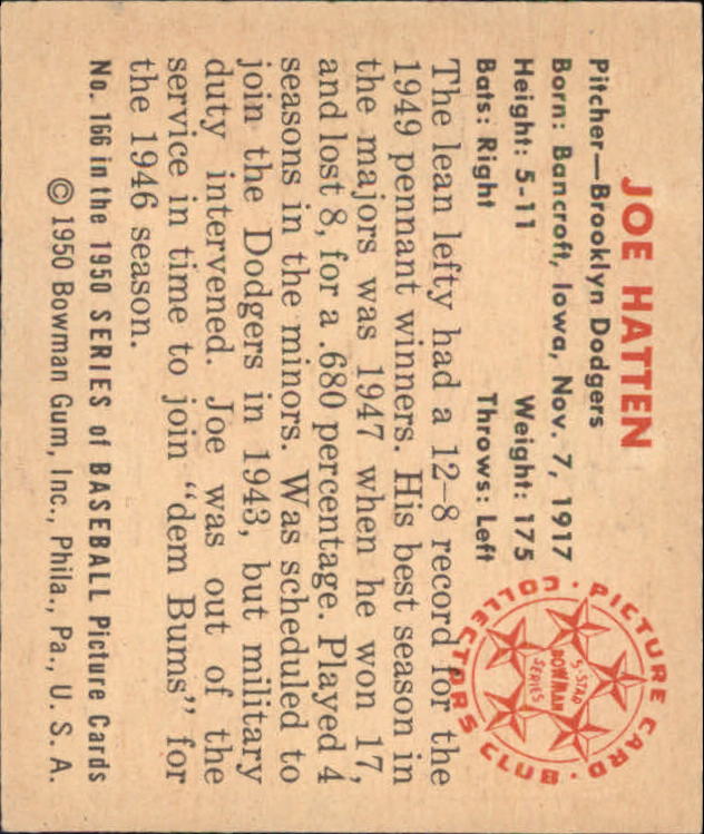 1950 Bowman #166 Joe Hatten back image