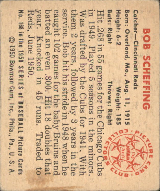 1950 Bowman #168 Bob Scheffing back image