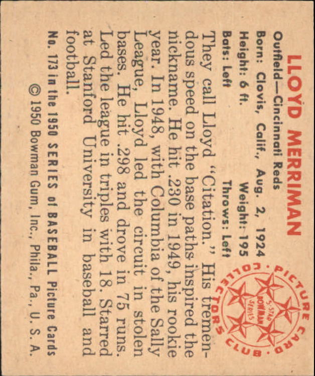 1950 Bowman #173 Lloyd Merriman RC back image