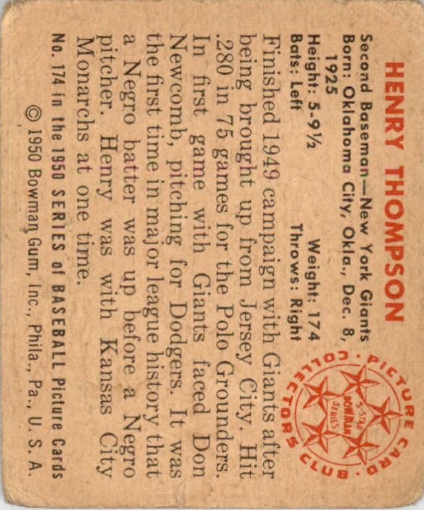 1950 Bowman #174 Hank Thompson RC back image