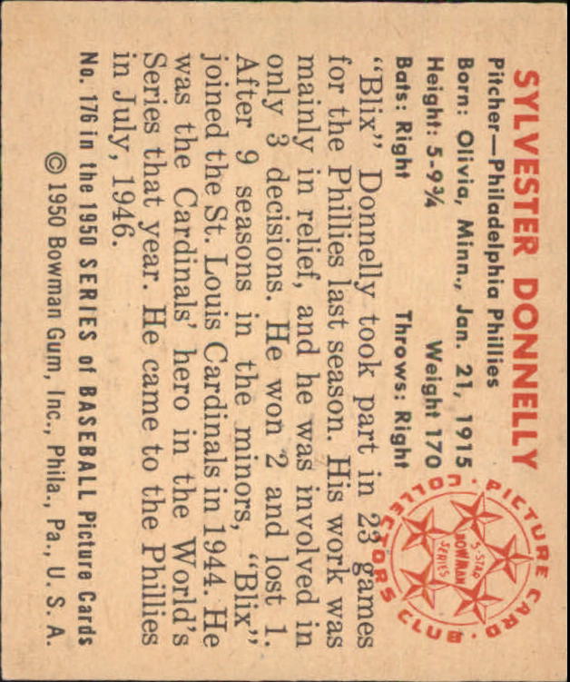 1950 Bowman #176 Sylvester Donnelly back image