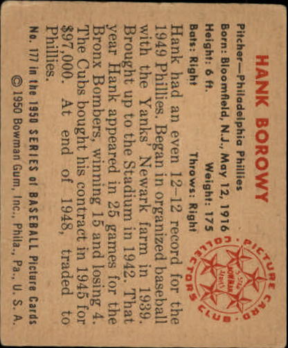 1950 Bowman #177 Hank Borowy back image