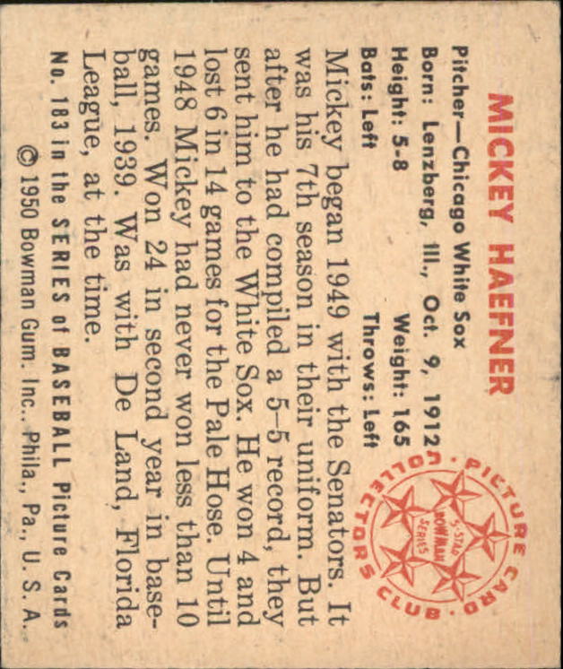1950 Bowman #183 Mickey Haefner back image