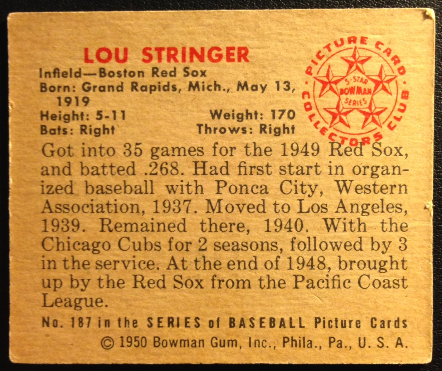 1950 Bowman #187 Lou Stringer back image