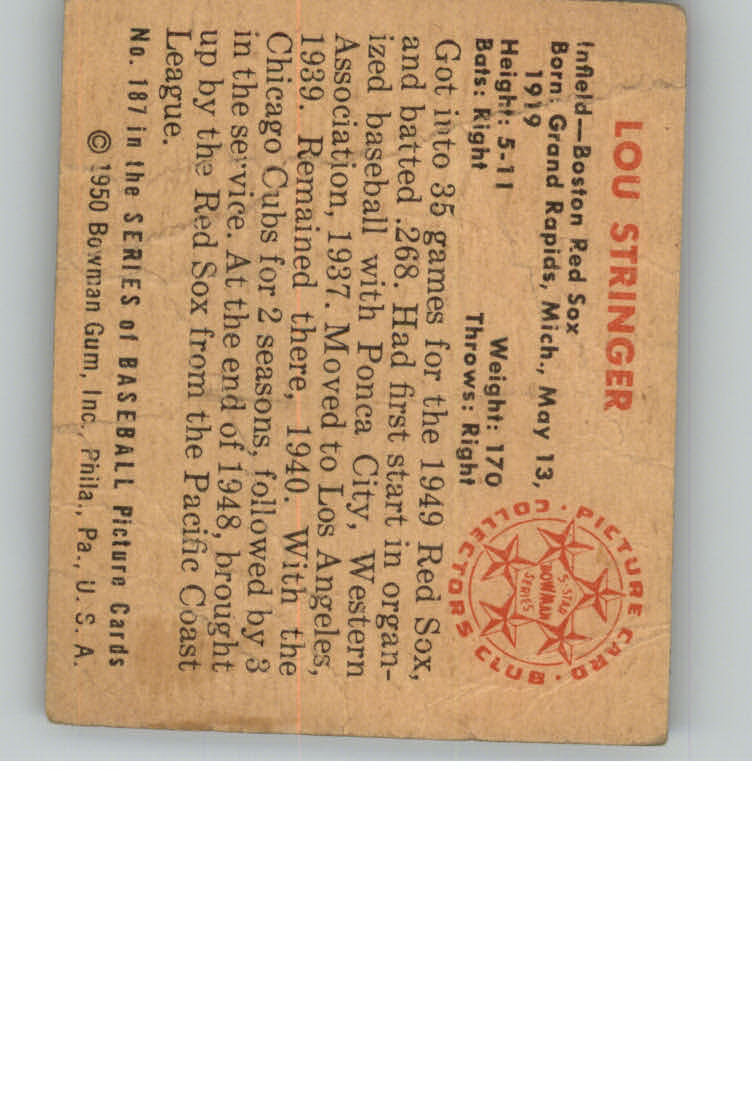 1950 Bowman #187 Lou Stringer back image