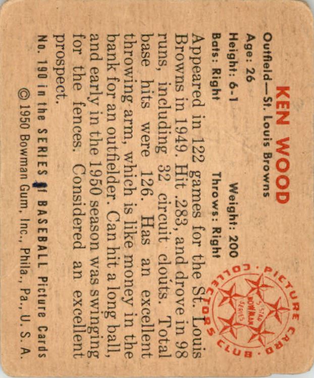 1950 Bowman #190 Ken Wood RC back image