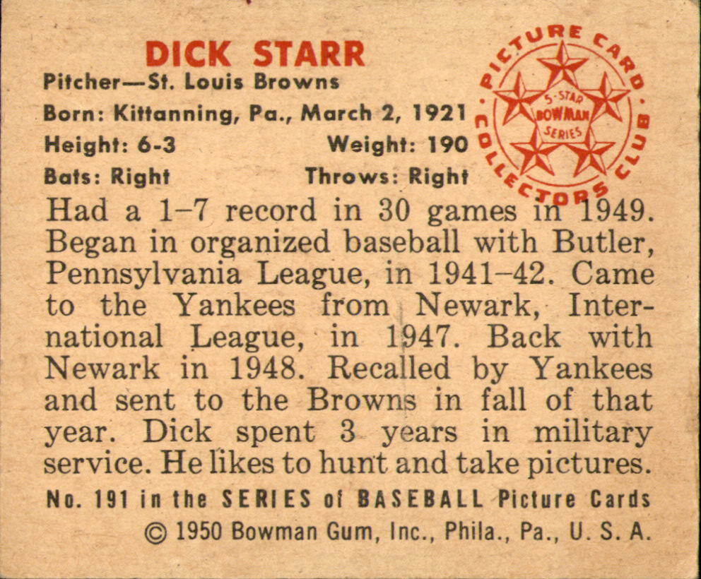 1950 Bowman #191 Dick Starr RC back image