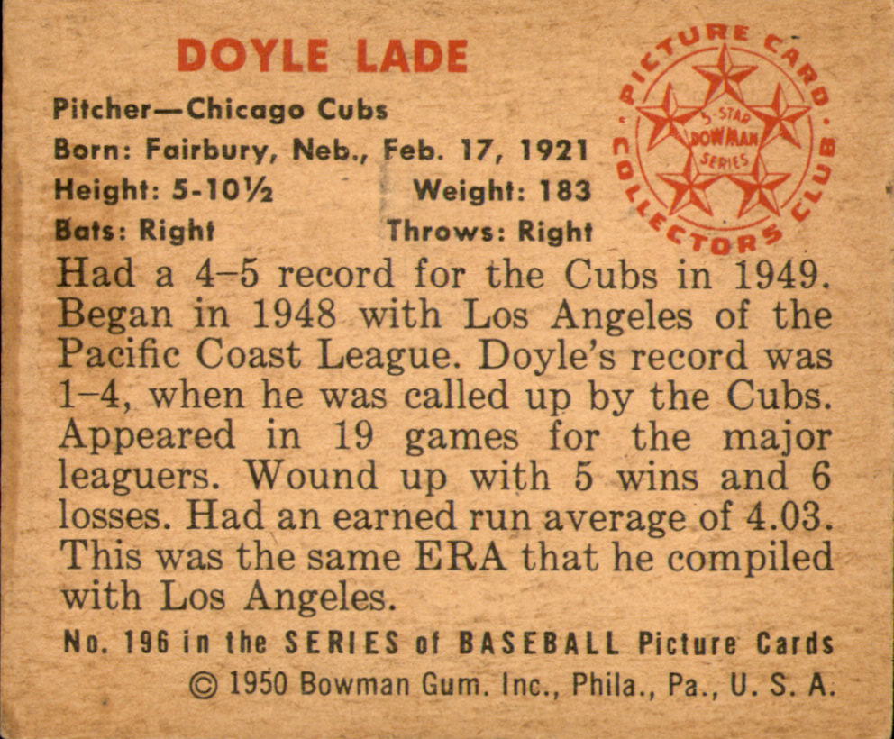1950 Bowman #196 Doyle Lade back image