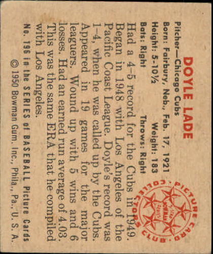 1950 Bowman #196 Doyle Lade back image