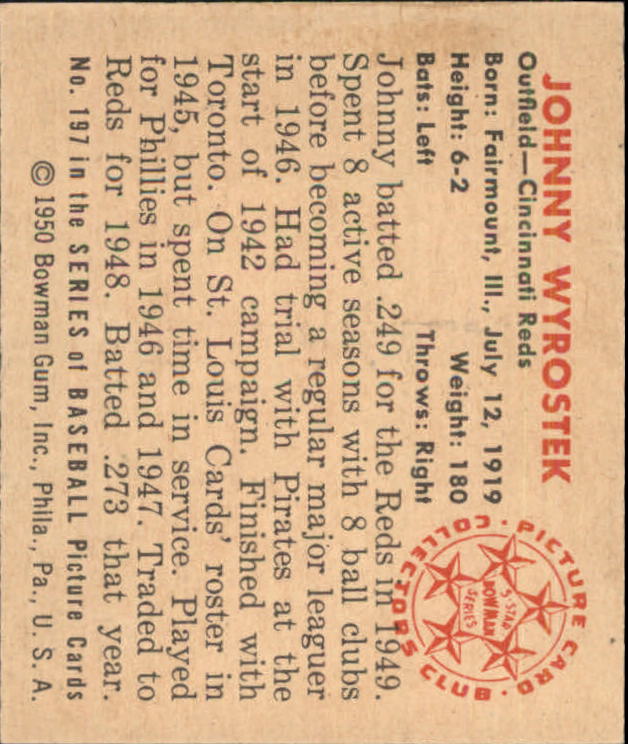 1950 Bowman #197 Johnny Wyrostek back image