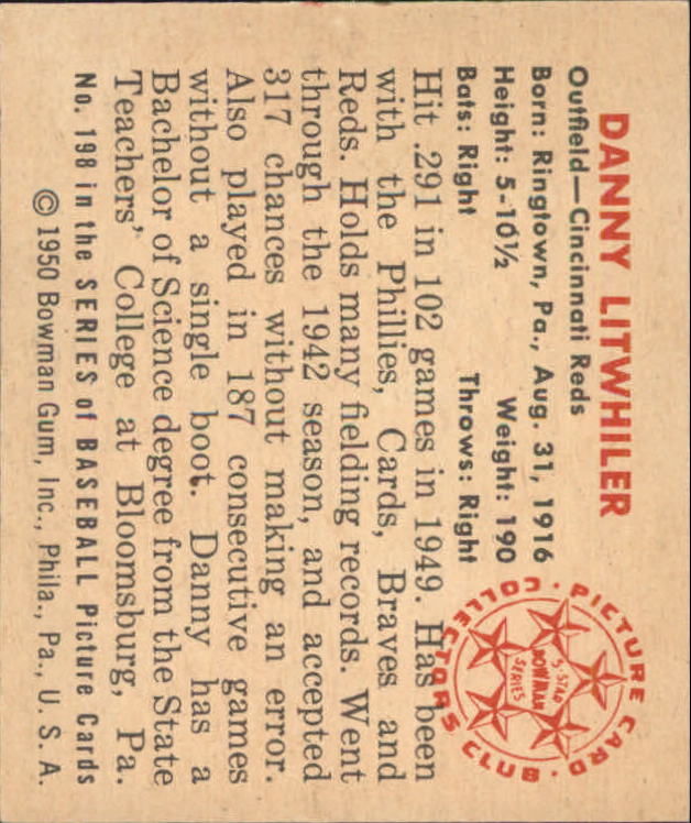 1950 Bowman #198 Danny Litwhiler back image