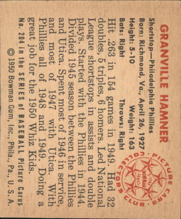 1950 Bowman #204 Granny Hamner RC back image