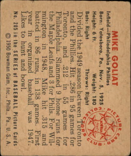 1950 Bowman #205 Mike Goliat RC back image