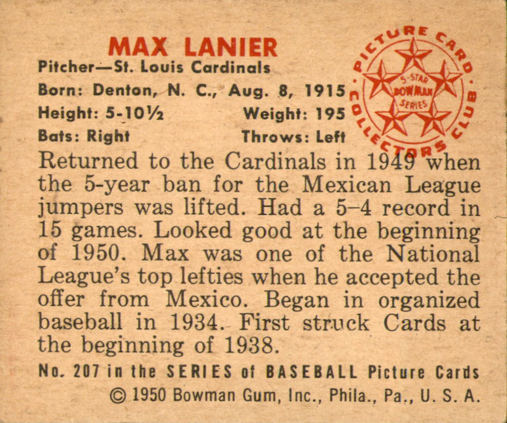 1950 Bowman #207 Max Lanier RC back image
