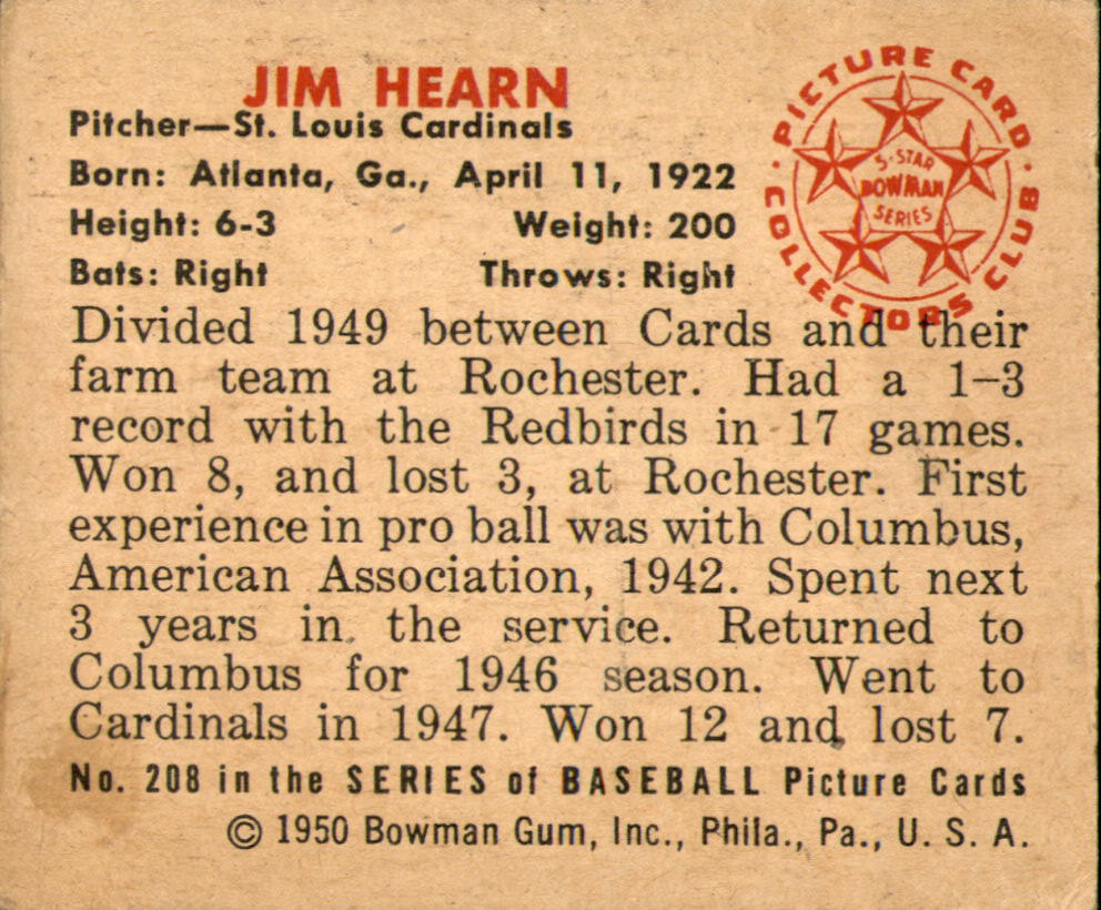 1950 Bowman #208 Jim Hearn back image