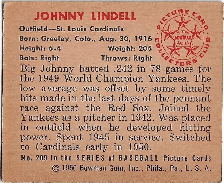 1950 Bowman #209 Johnny Lindell back image