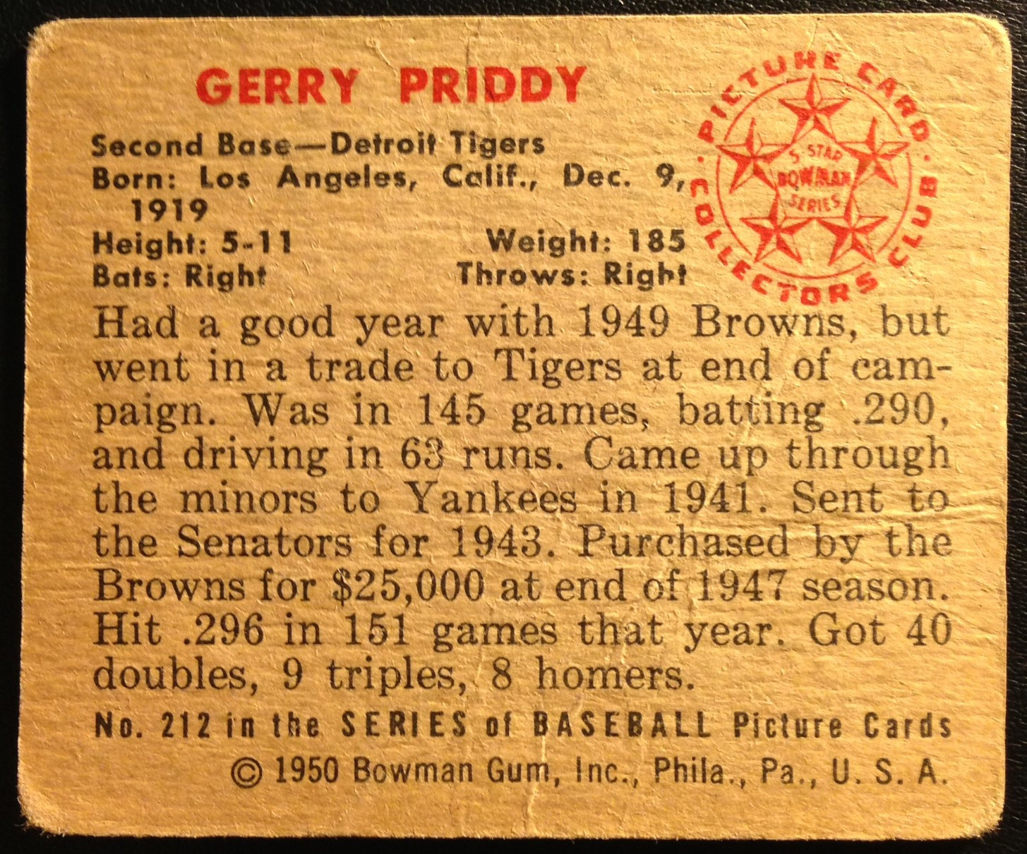 1950 Bowman #212 Jerry Priddy back image