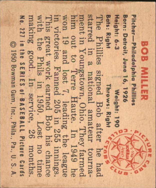 1950 Bowman #227 Bob Miller RC back image