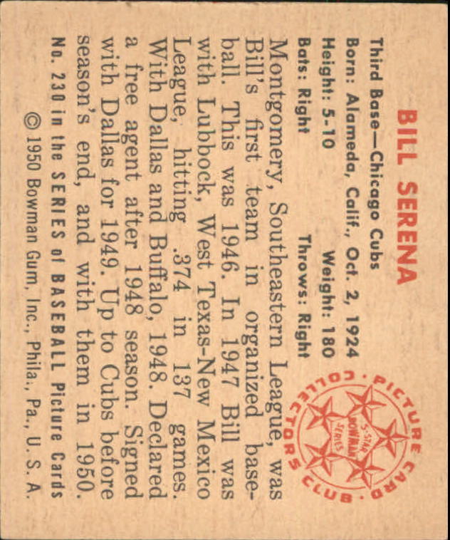 1950 Bowman #230 Bill Serena RC back image