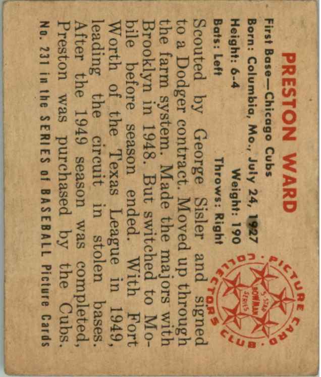 1950 Bowman #231 Preston Ward RC back image