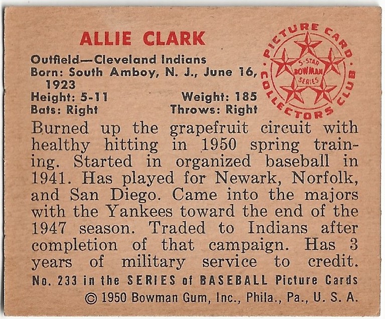 1950 Bowman #233 Allie Clark back image